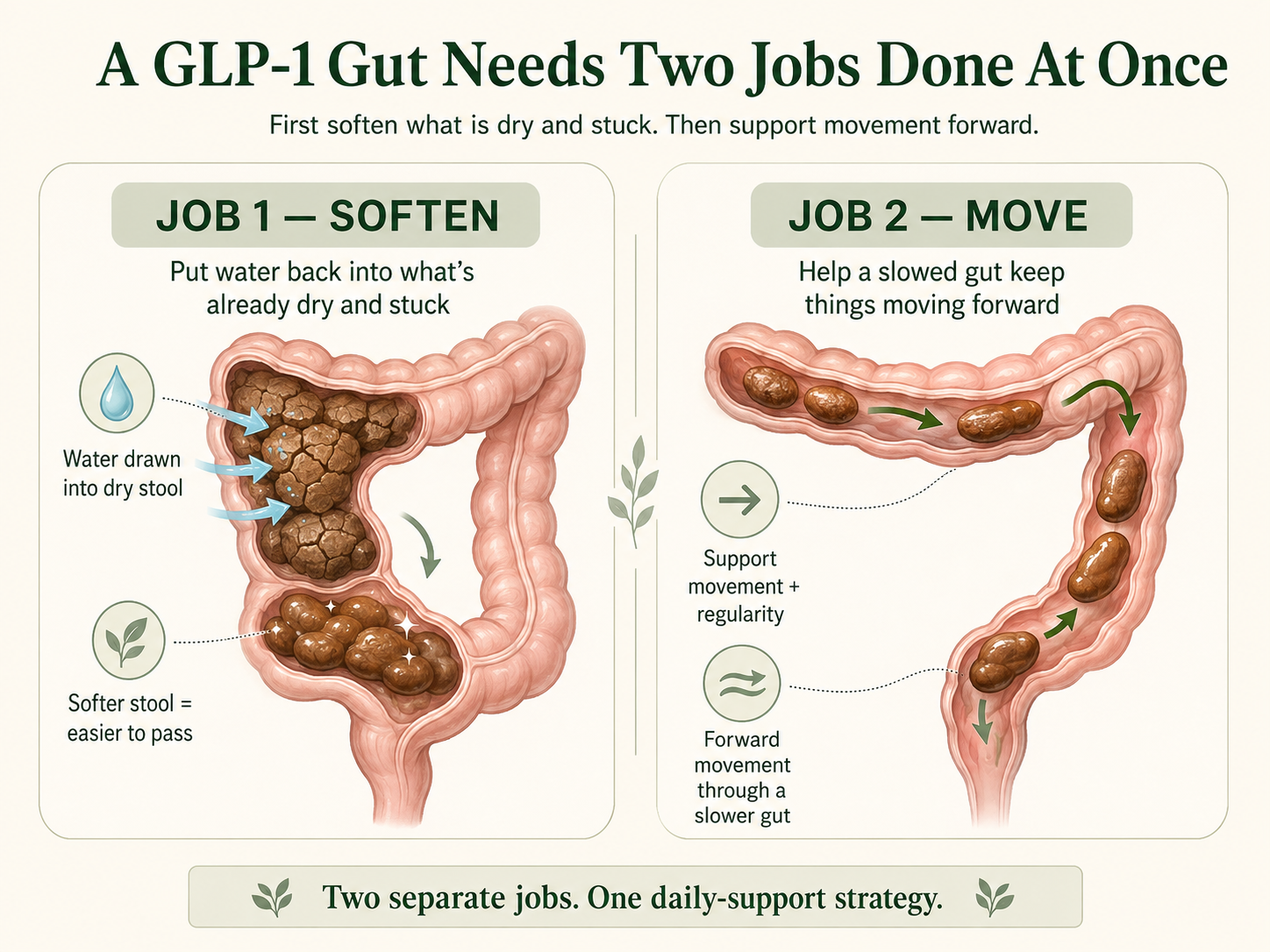 Two-part illustration showing stool softening and digestive movement support for a slower GLP-1 gut.