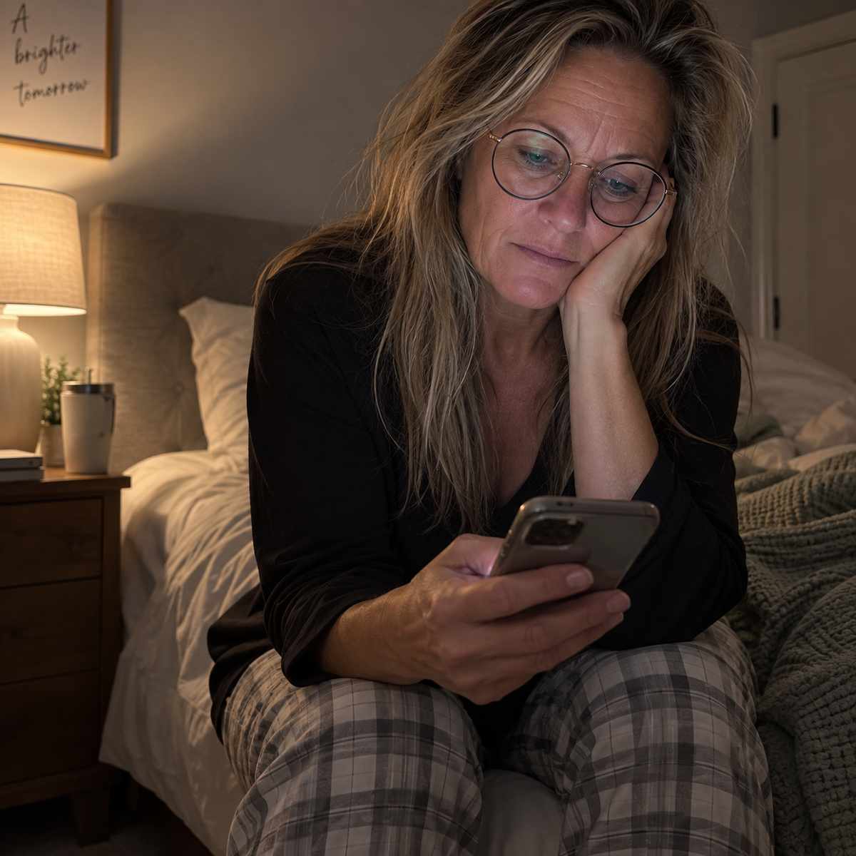 Woman sitting quietly on the edge of a bed holding her phone.