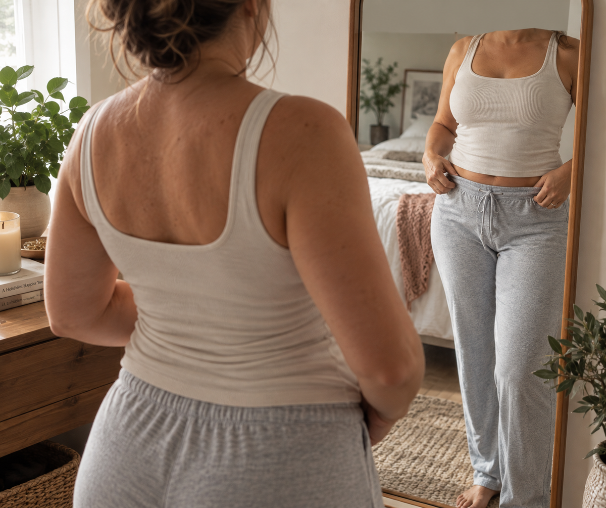 Woman looking at herself in a mirror with a relaxed posture.