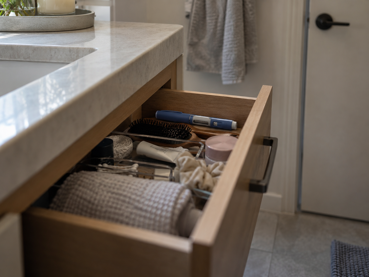Medication pen visible at the back of a slightly open bathroom drawer.