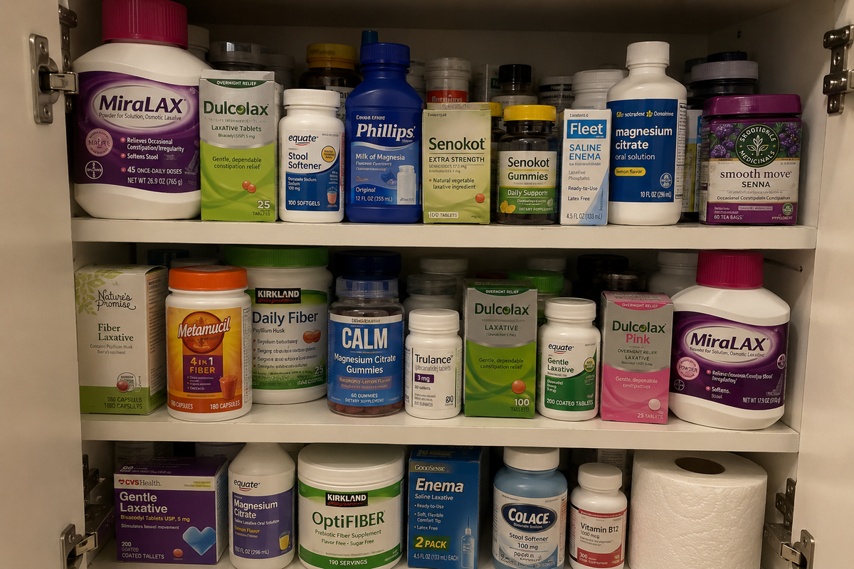 Bathroom counter with several digestive products and supplements.