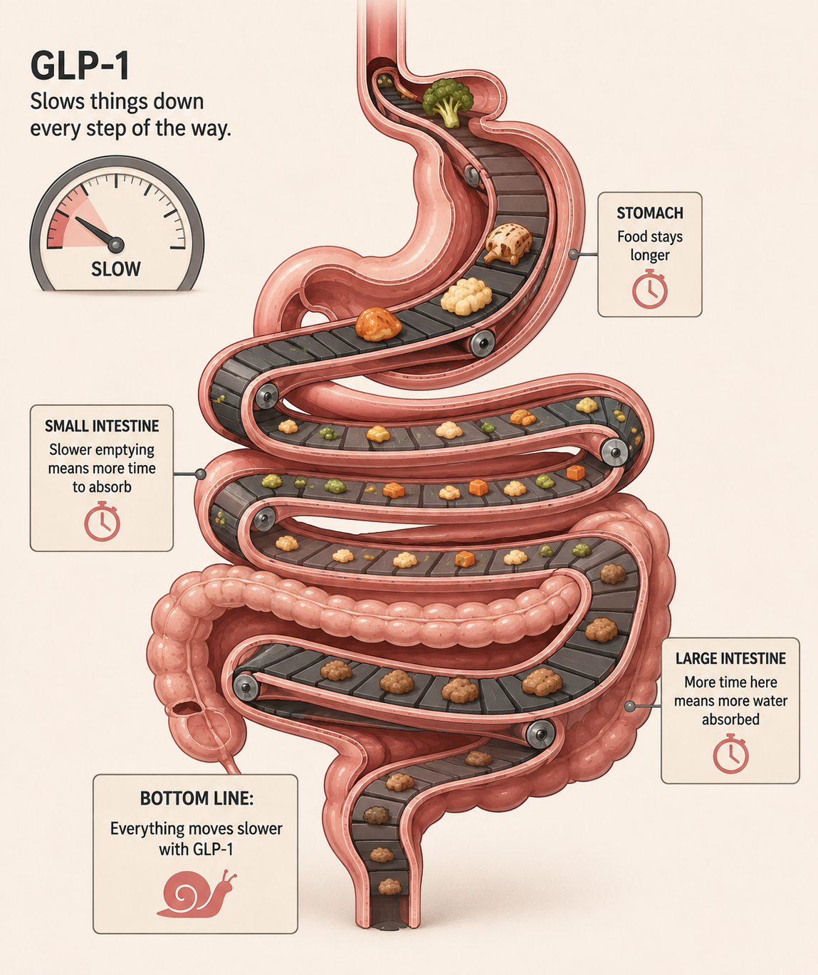 Illustration showing slower digestive transit and stool spending longer in the colon.